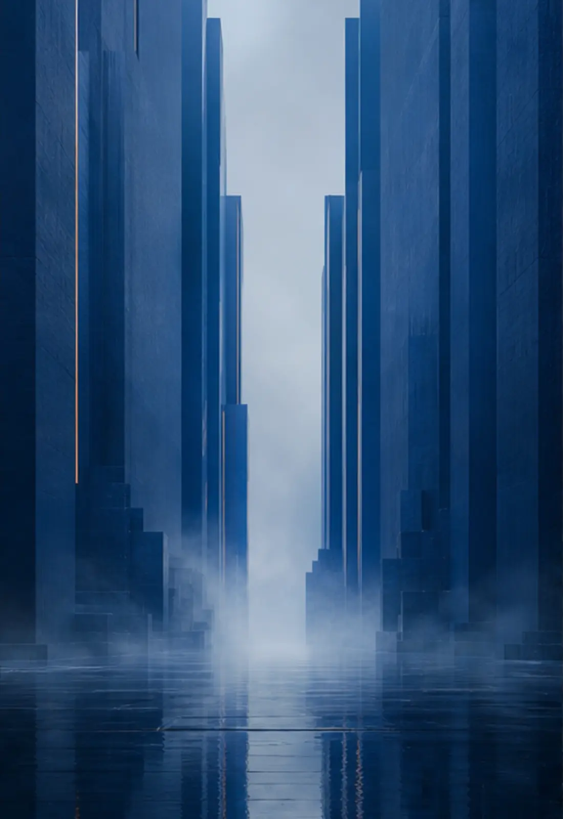 Cobalt architectural canyon filled with mist