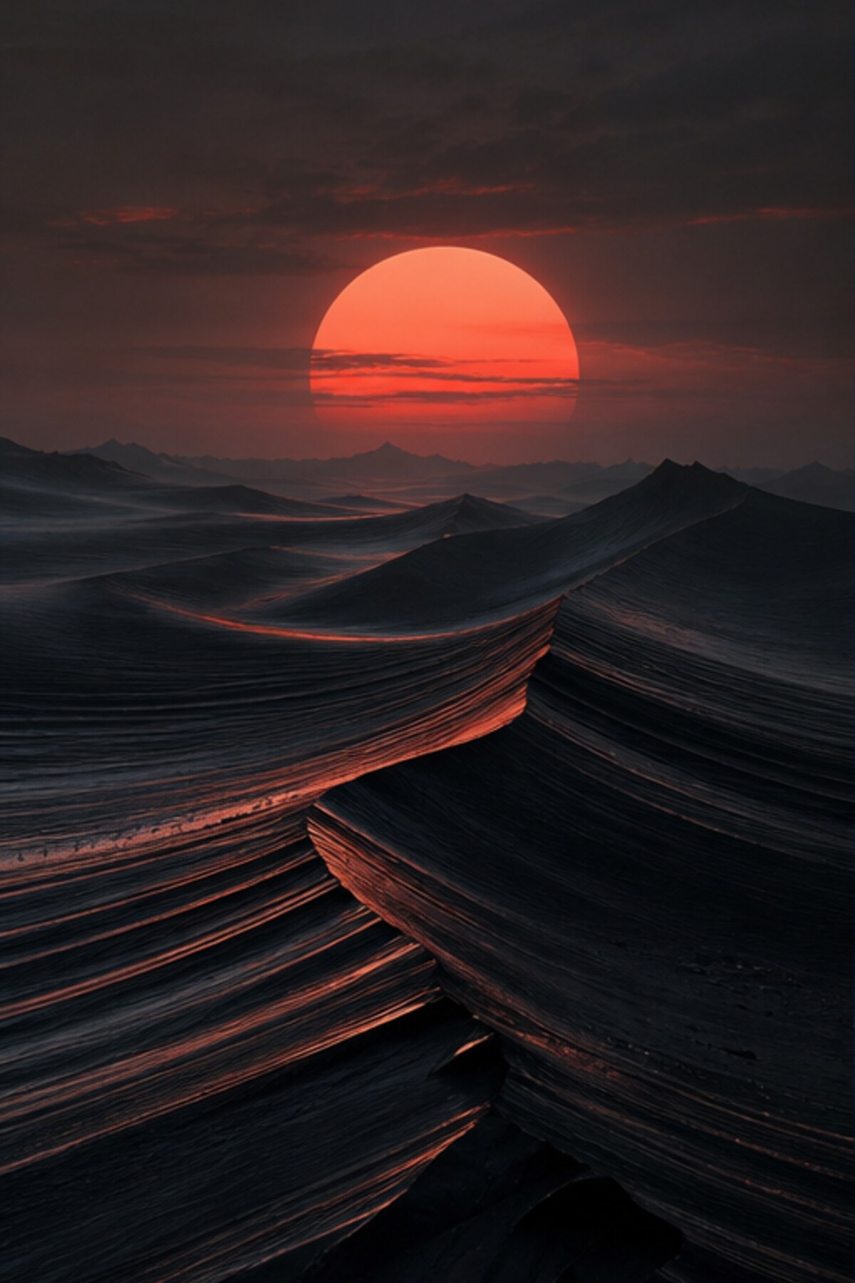 Dark sculpted dunes under a coral sun
