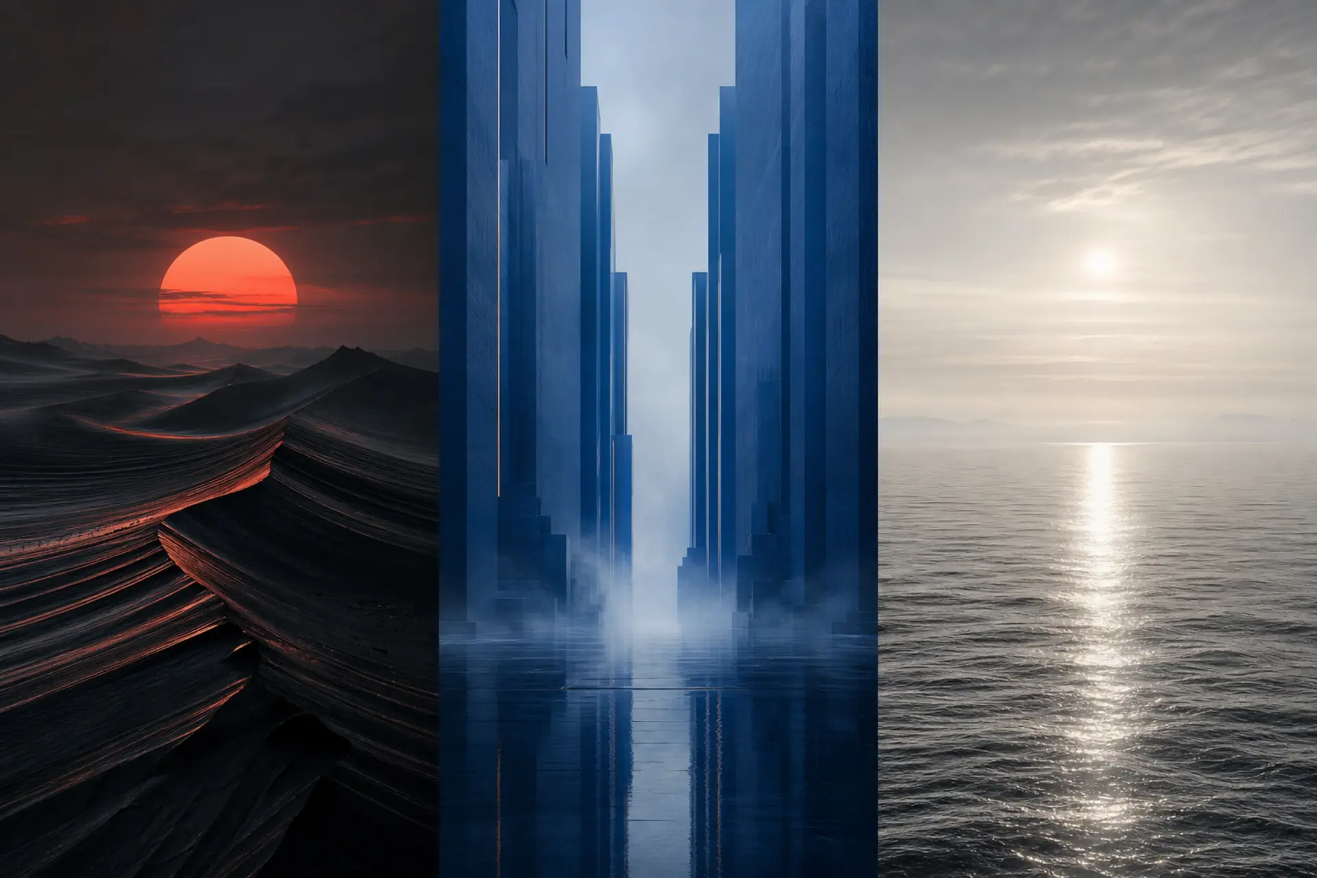 Triptych of dark dunes, blue structures and a pale ocean